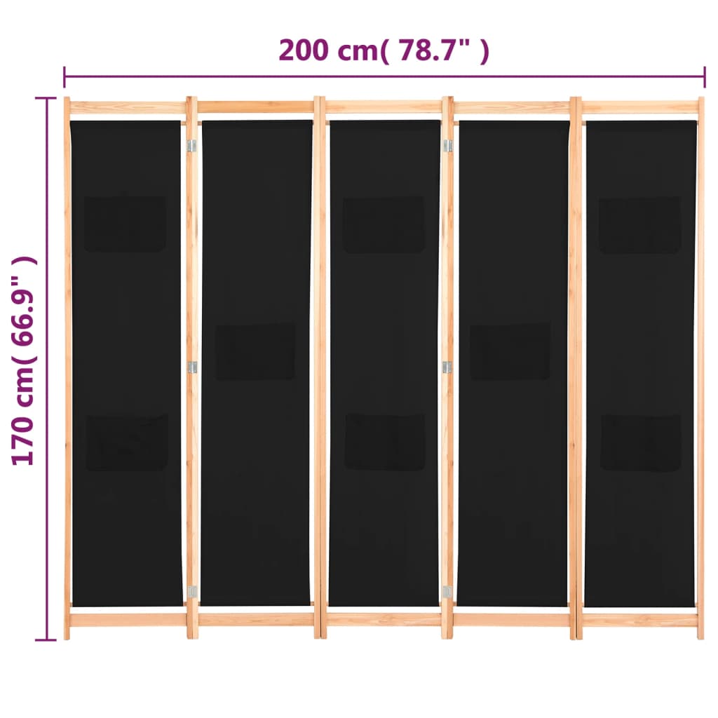 Kamerscherm met 5 panelen 200x170x4 cm stof zwart