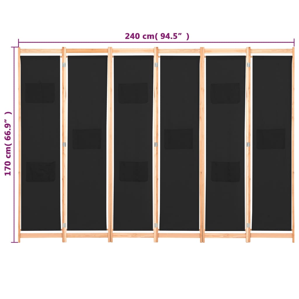 Kamerscherm met 6 panelen 240x170x4 cm stof zwart