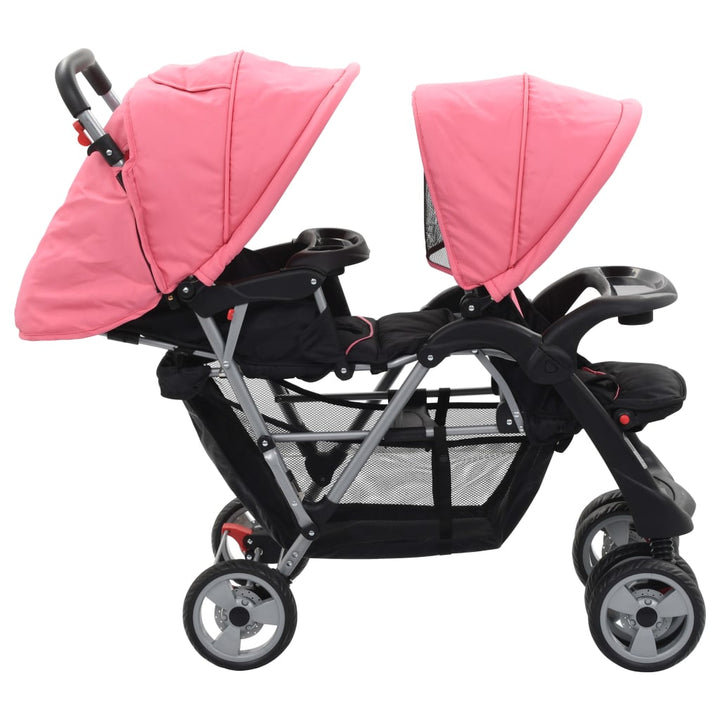 Kinderwagen dubbel staal roze en zwart