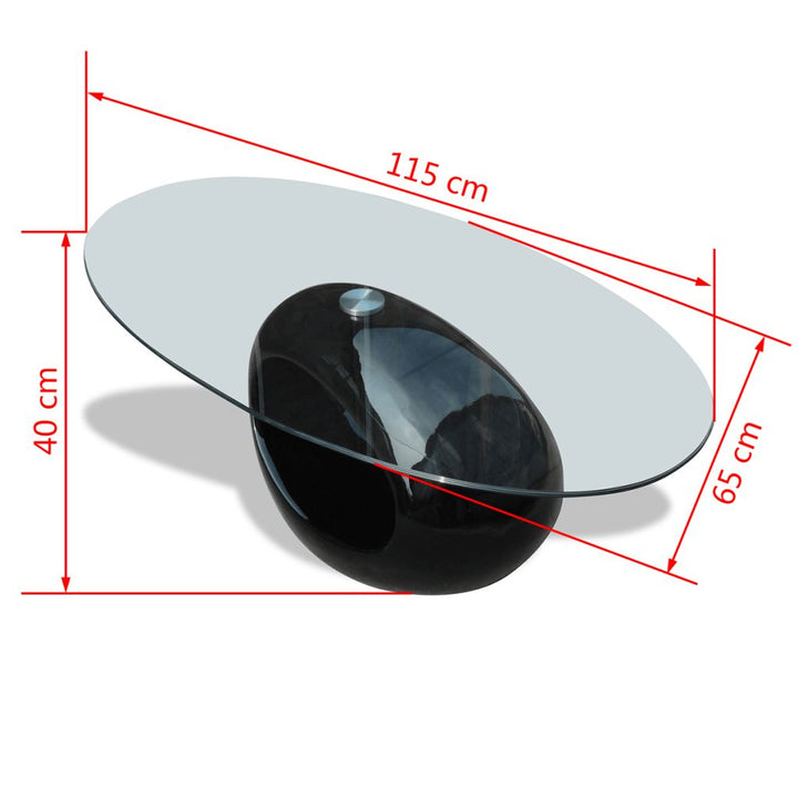 Salontafel met ovale glazen tafelblad hoogglans zwart