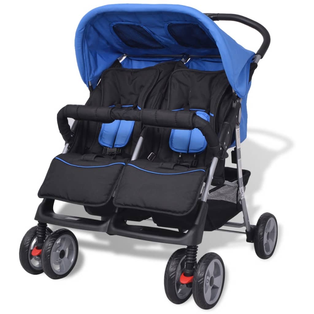 Tweelingkinderwagen staal blauw en zwart