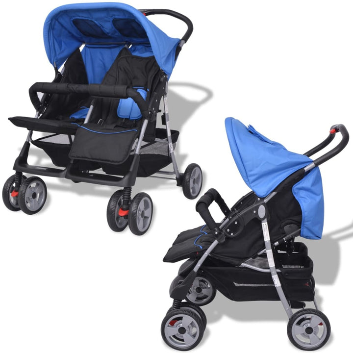 Tweelingkinderwagen staal blauw en zwart