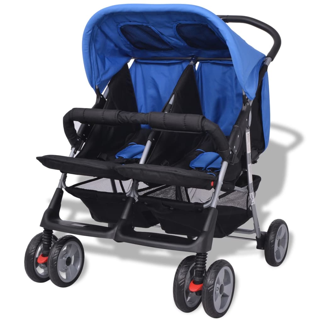 Tweelingkinderwagen staal blauw en zwart