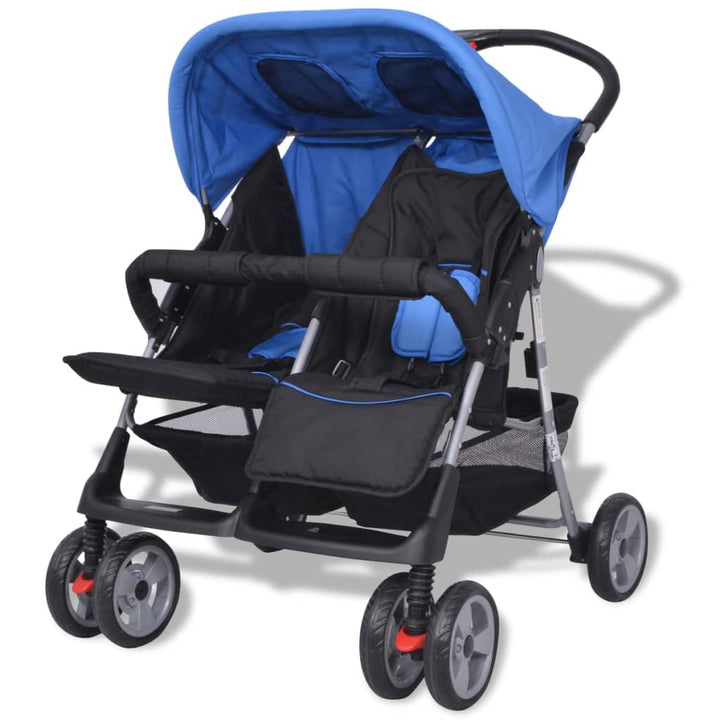 Tweelingkinderwagen staal blauw en zwart