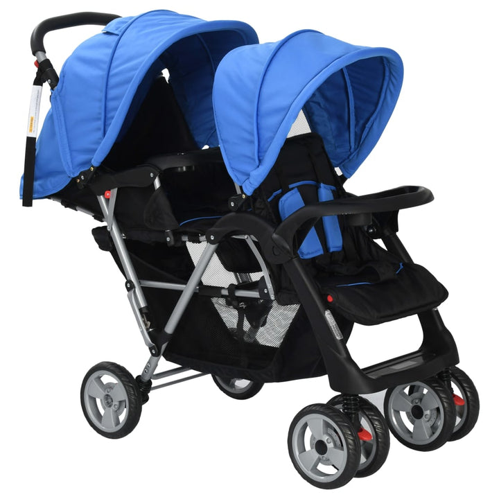 Kinderwagen dubbel staal blauw en zwart