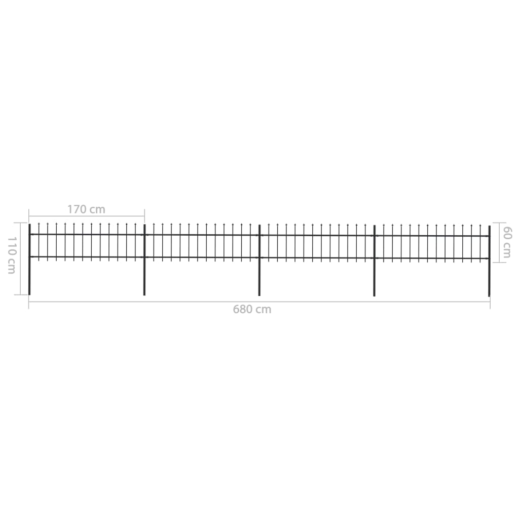 Tuinhek met speren bovenkant 6,8x0,6 m staal zwart