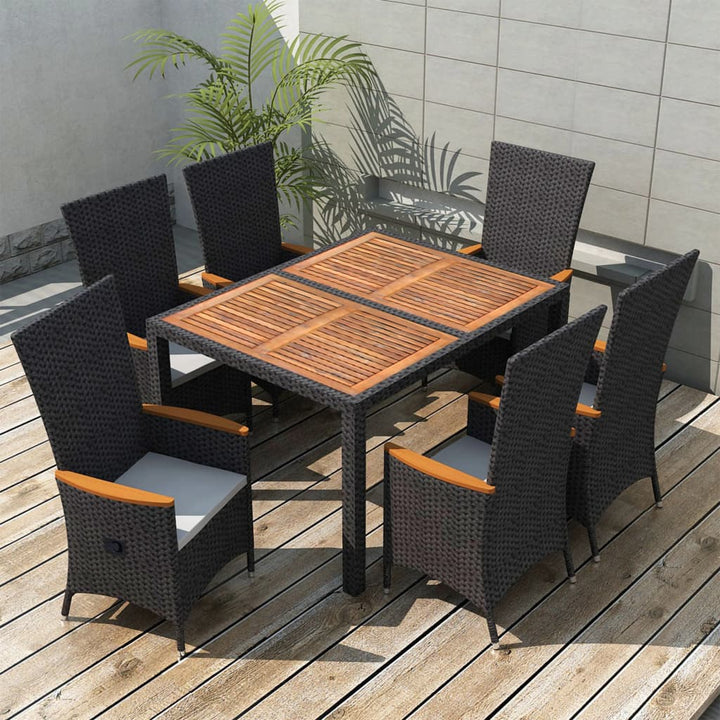 7-delige Tuinset poly rattan acaciahout zwart