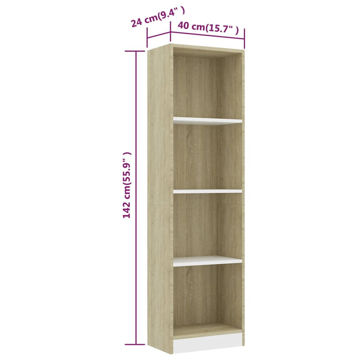 Boekenkast met 4 schappen 40x24x142cm bewerkt hout wit en eiken