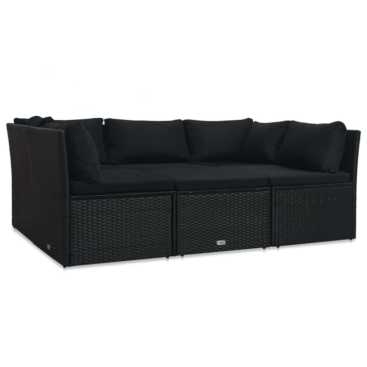 4-delige Loungeset met kussens poly rattan zwart