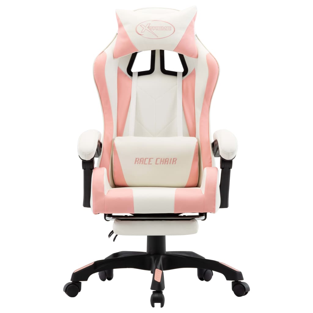 Racestoel met voetensteun kunstleer roze en wit