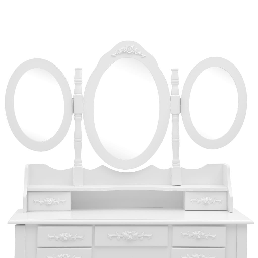 Kaptafel met kruk en drievoudige spiegel wit