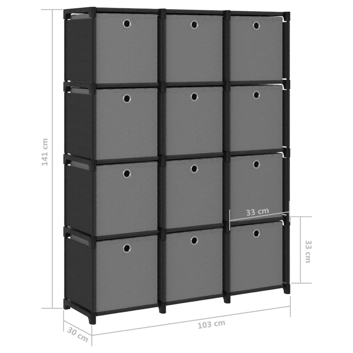 Kast met 12 vakken met boxen 103x30x141 cm stof zwart