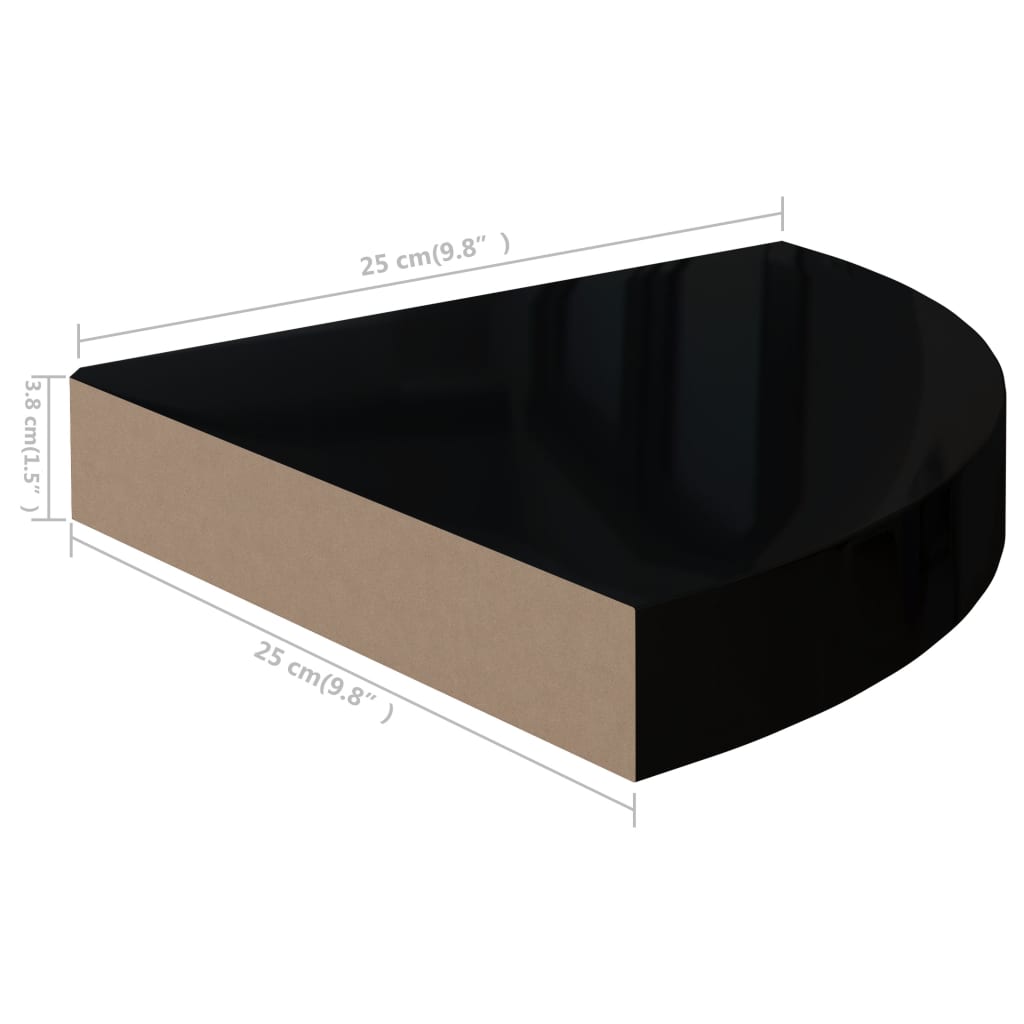 Hoekschappen zwevend 2 st 25x25x3,8 cm MDF hoogglans zwart