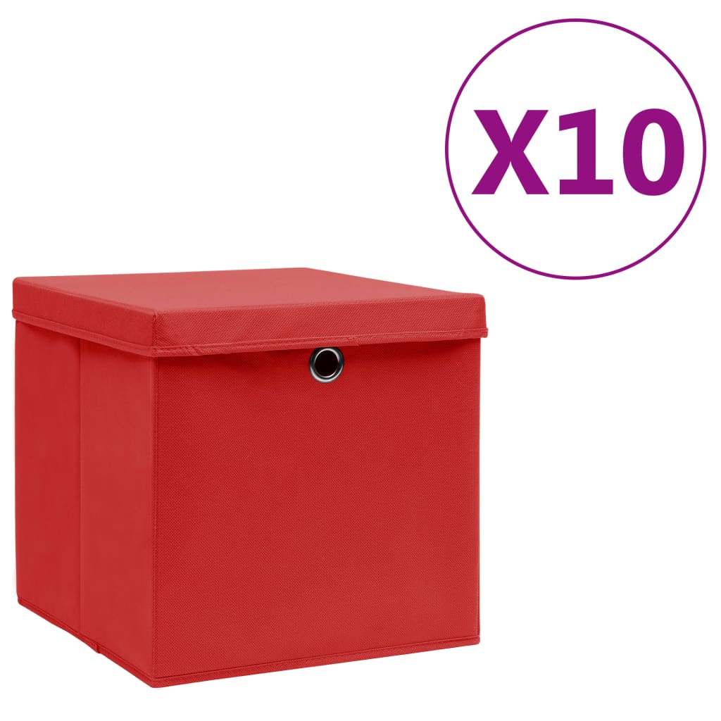 Opbergboxen met deksels 10 st 28x28x28 cm rood