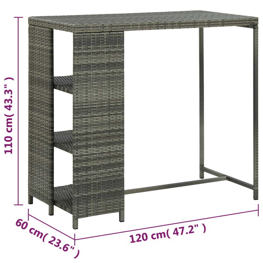 Bartafel met opbergrek 120x60x110 cm poly rattan grijs