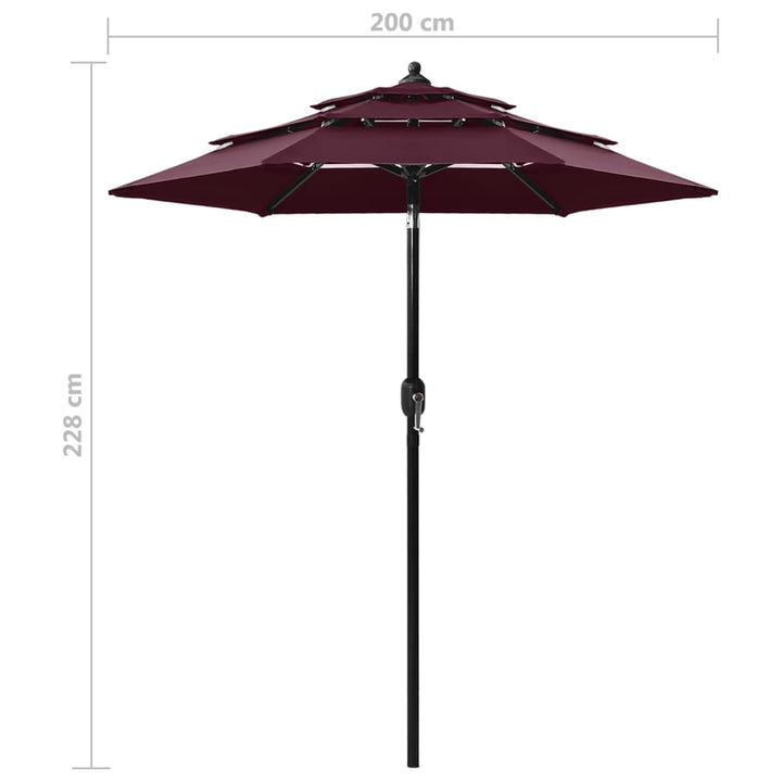 Parasol 3-laags met aluminium paal 2 m bordeauxrood