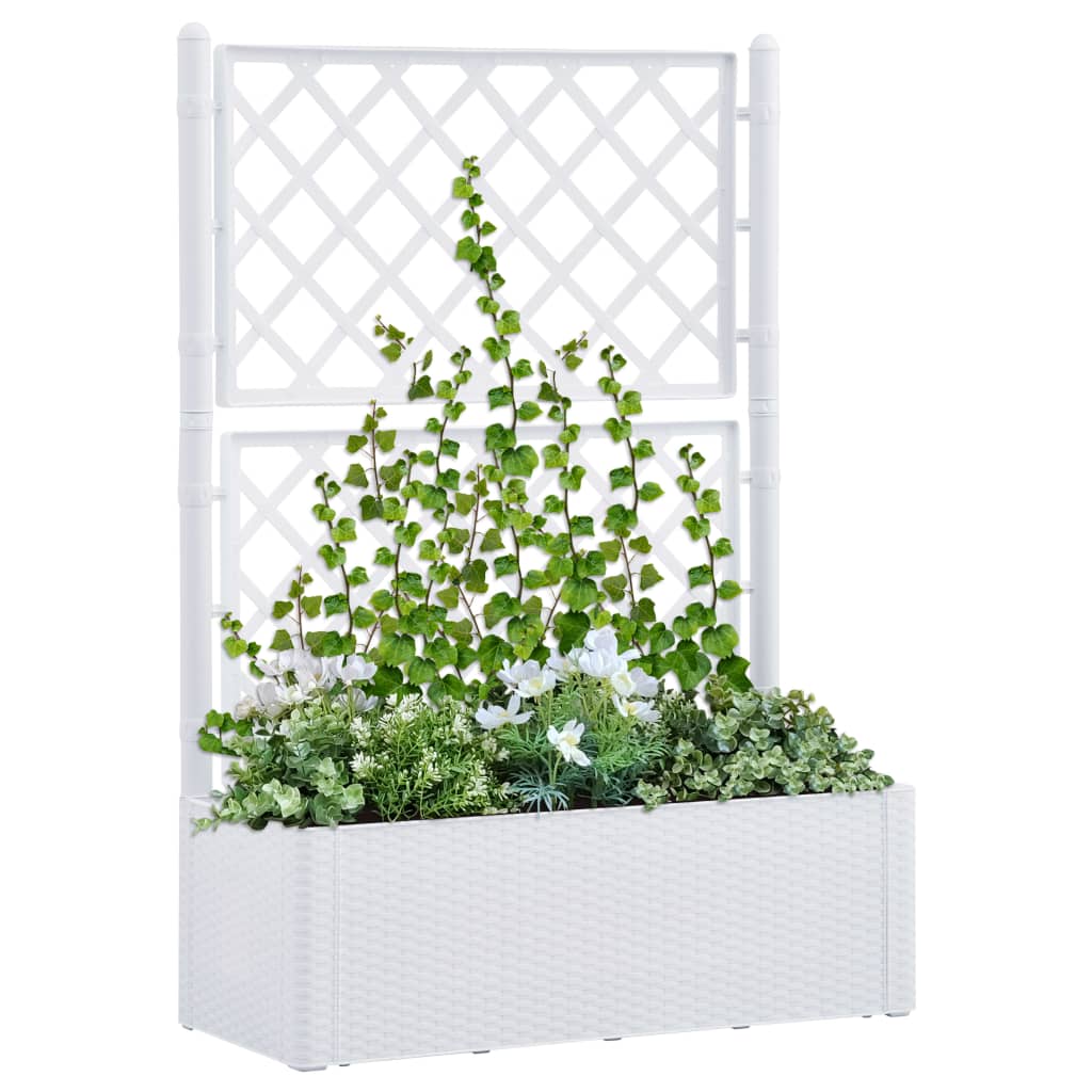 Plantenbak hoog met latwerk en zelfbewateringssysteem wit