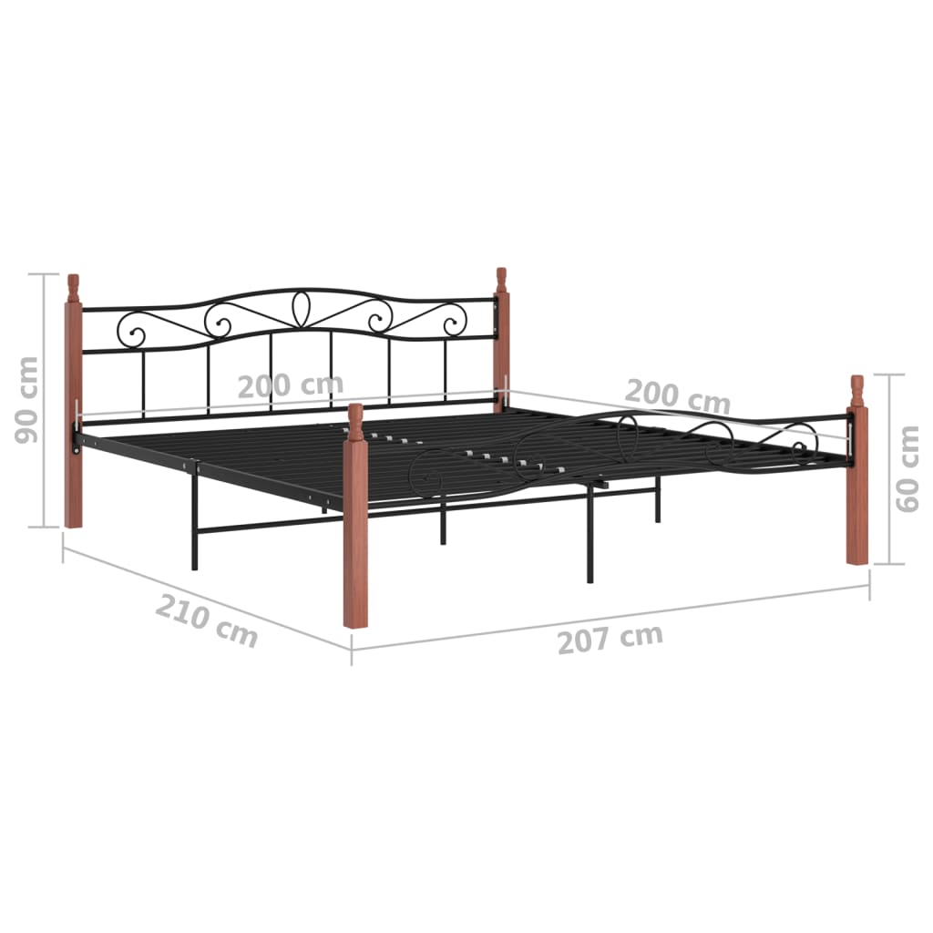 Bedframe metaal en massief eikenhout zwart 200x200 cm