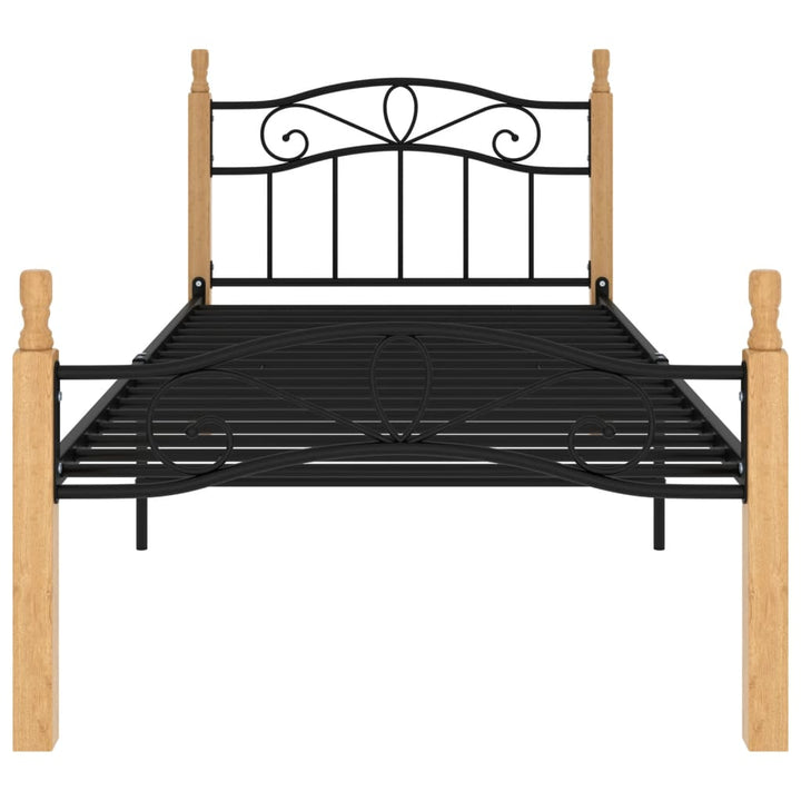 Bedframe metaal en massief eikenhout zwart 100x200 cm