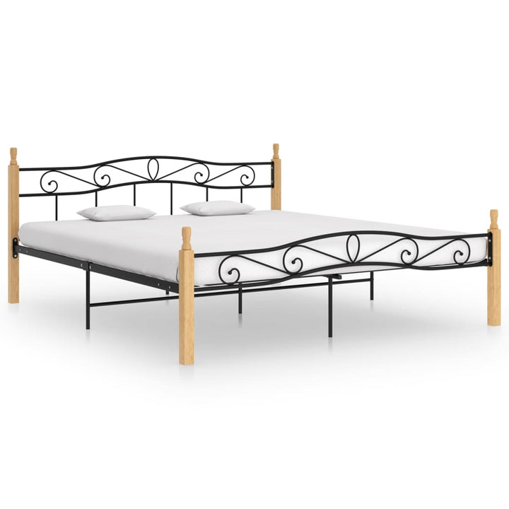 Bedframe metaal en massief eikenhout zwart 200x200 cm