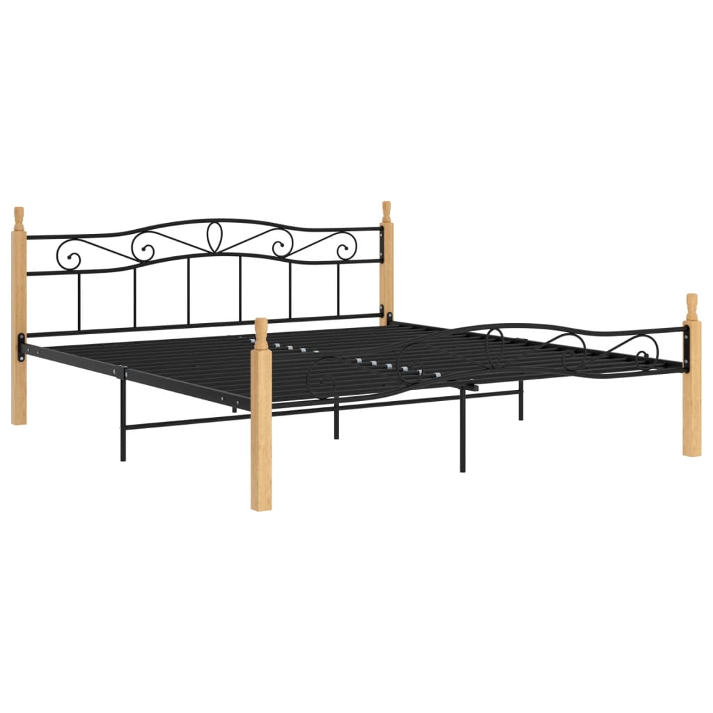 Bedframe metaal en massief eikenhout zwart 200x200 cm