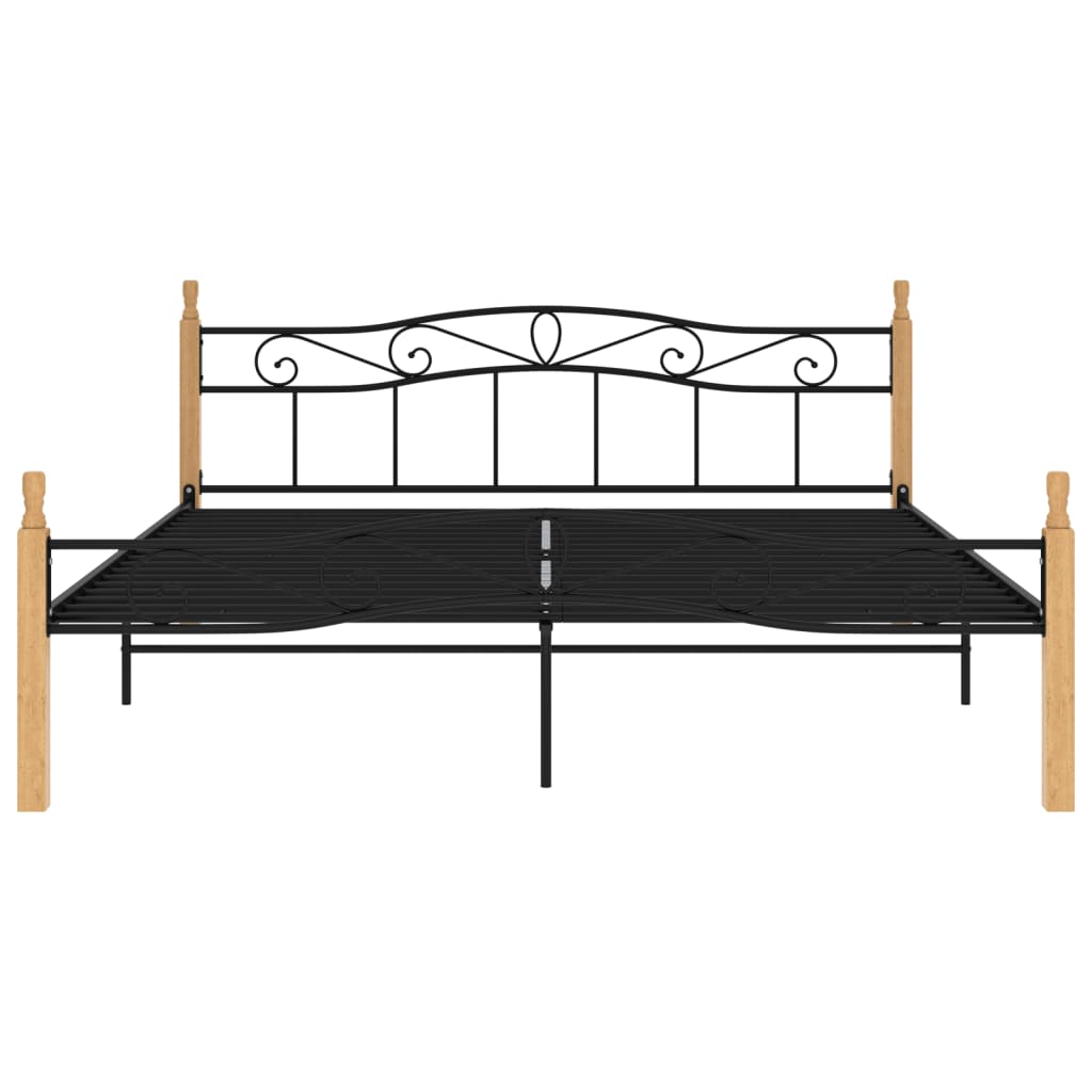 Bedframe metaal en massief eikenhout zwart 200x200 cm