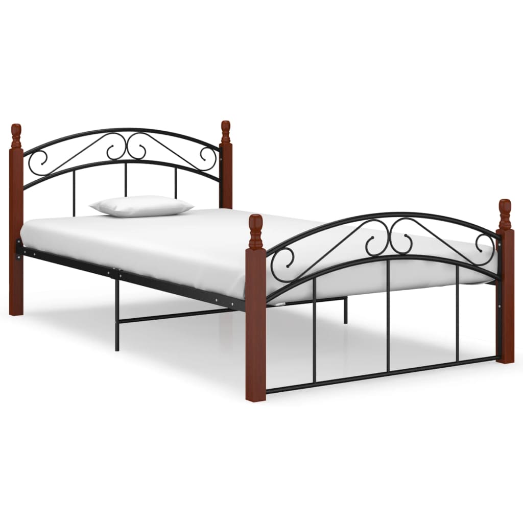 Bedframe metaal en massief eikenhout zwart 120x200 cm