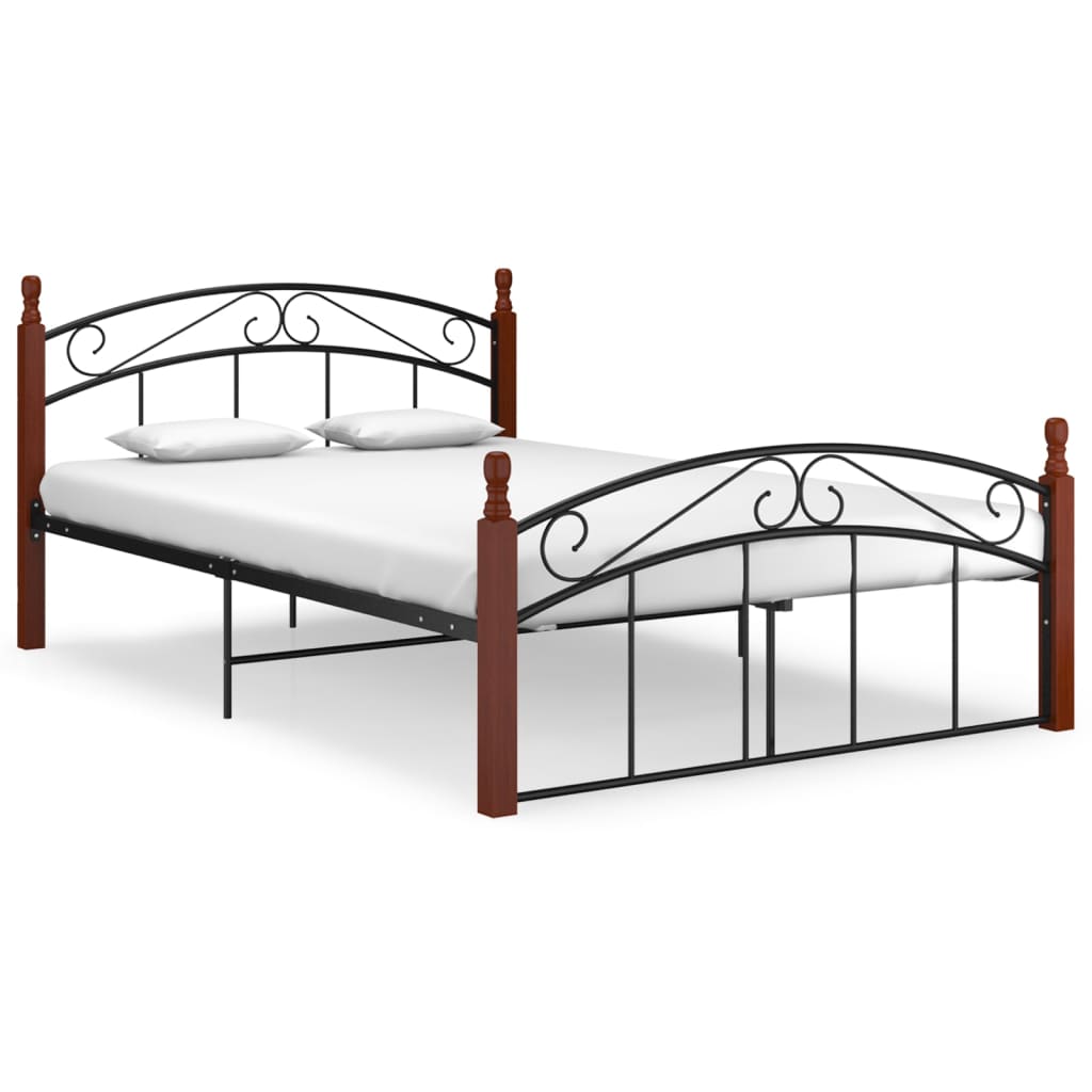 Bedframe metaal en massief eikenhout zwart 140x200 cm