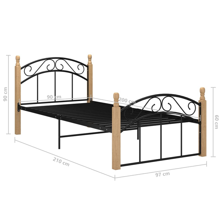 Bedframe metaal en massief eikenhout zwart 90x200 cm