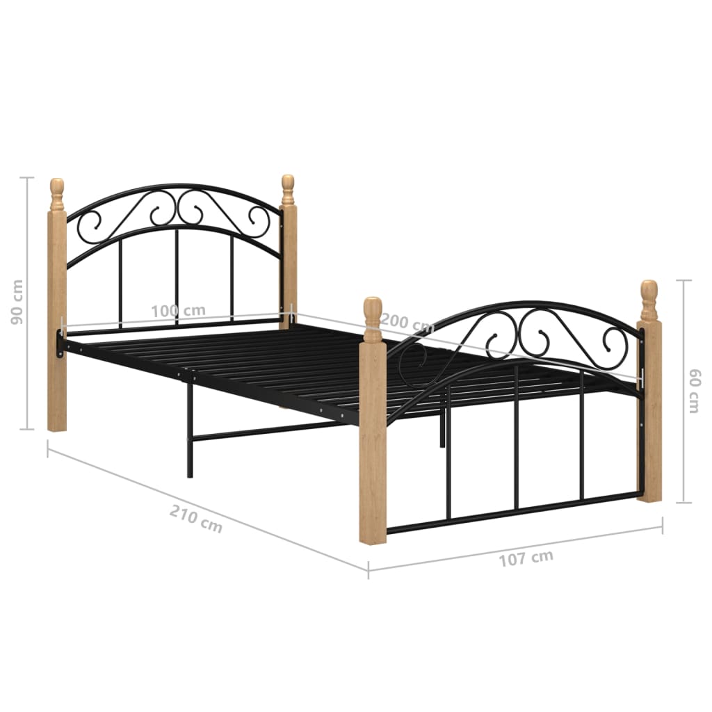 Bedframe metaal en massief eikenhout zwart 100x200 cm