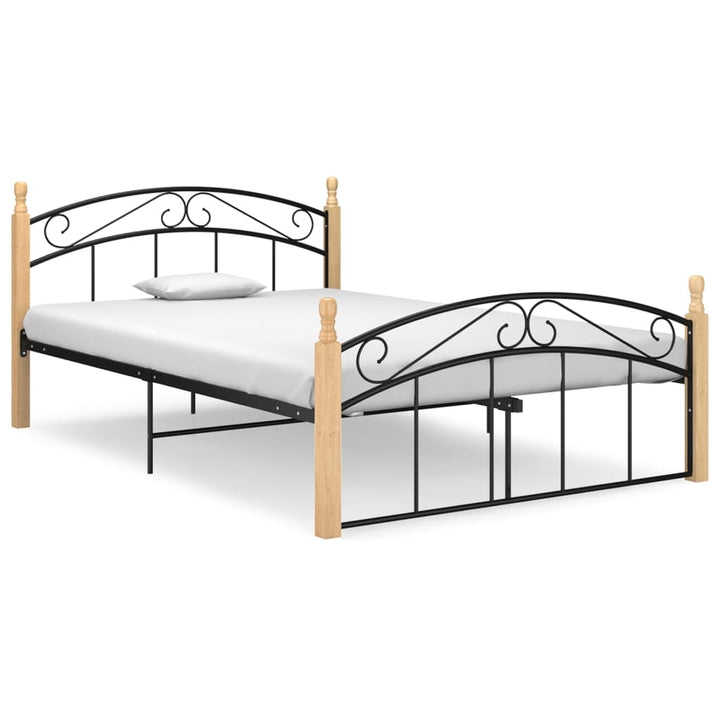 Bedframe metaal en massief eikenhout zwart 140x200 cm