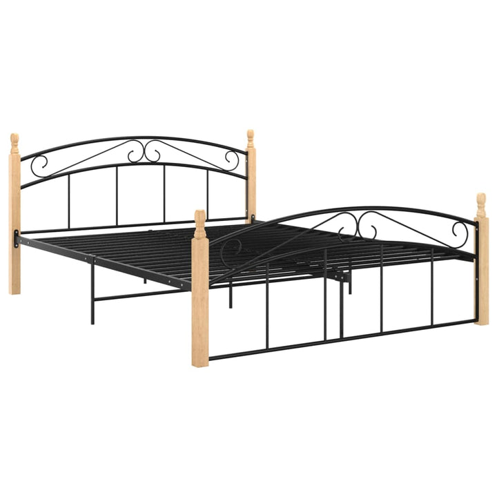 Bedframe metaal en massief eikenhout zwart 140x200 cm