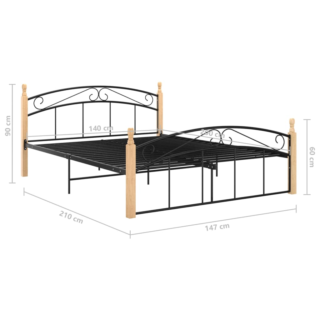 Bedframe metaal en massief eikenhout zwart 140x200 cm