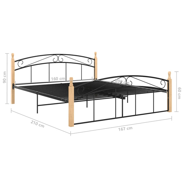 Bedframe metaal en massief eikenhout zwart 160x200 cm