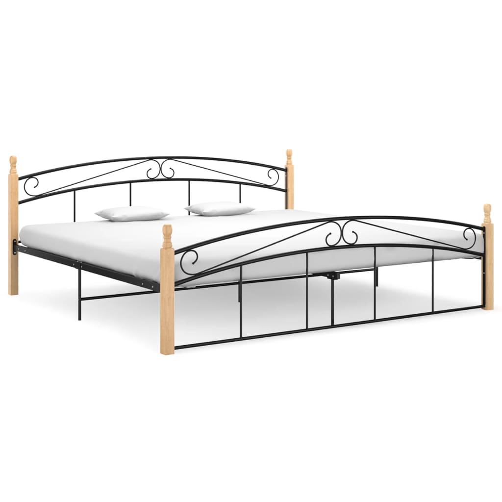 Bedframe metaal en massief eikenhout zwart 200x200 cm