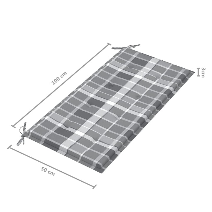 Tuinbank met grijs geruit kussen 112 cm massief teakhout