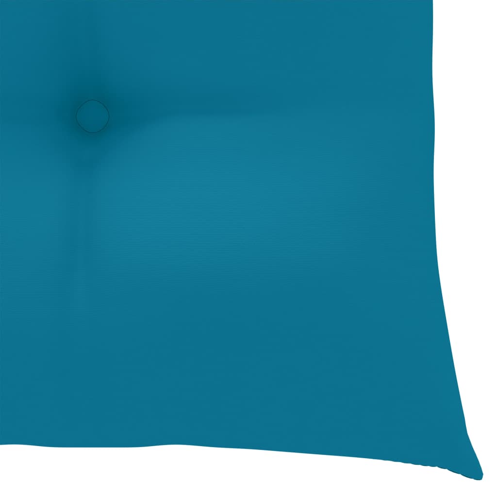 Schommelstoel met lichtblauw kussen massief teakhout