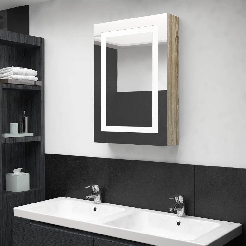 Badkamerkast met spiegel en LED 50x13x70 cm eikenkleurig