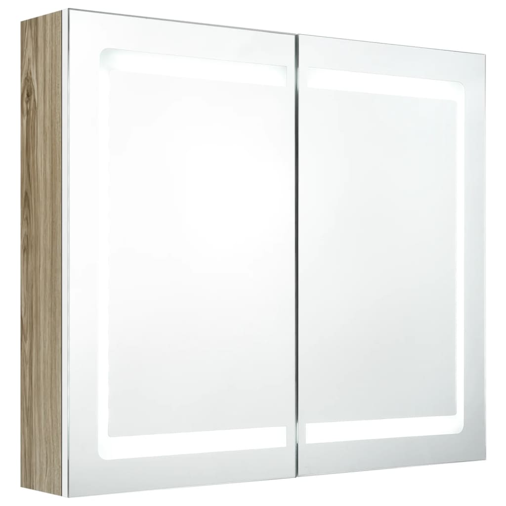 Badkamerkast met spiegel en LED 80x12x68 cm wit en eikenkleurig