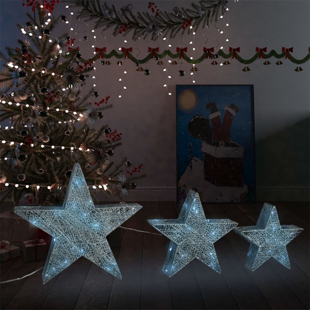 Kerstdecoratiesterren 3 st LED buiten binnen mesh zilverkleurig