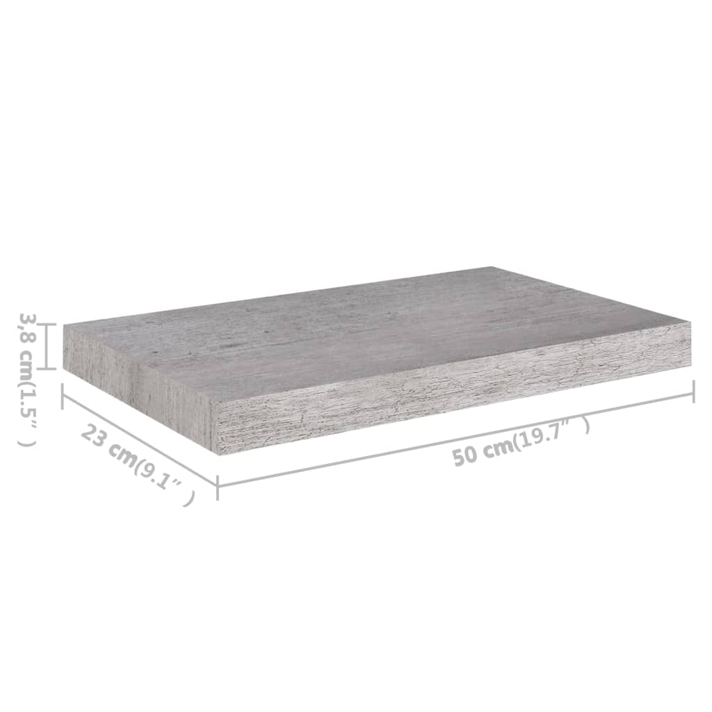 Wandschappen zwevend 2 st 50x23x3,8 cm MDF betongrijs