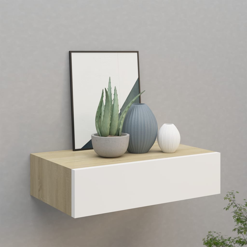 viaXL Wandschap met lade 40x23,5x10 cm MDF eikenkleurig en wit