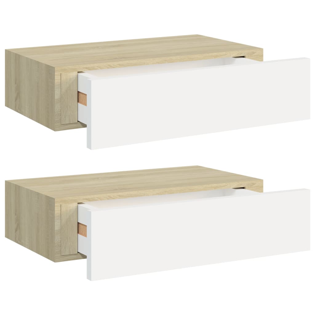 viaXL Wandschappen 2 st met lade 40x23,5x10 cm MDF eikenkleurig en wit