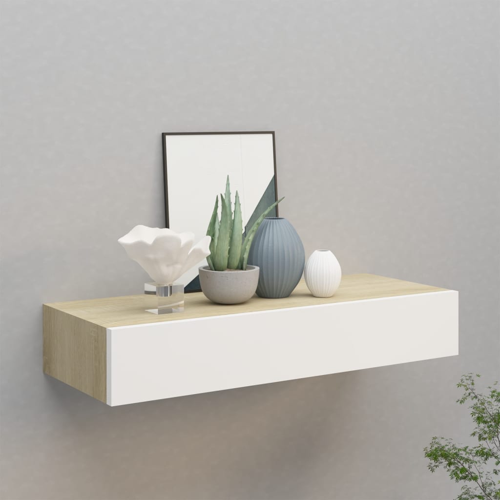 Wandschap met lade 60x23,5x10 cm MDF eikenkleurig en wit