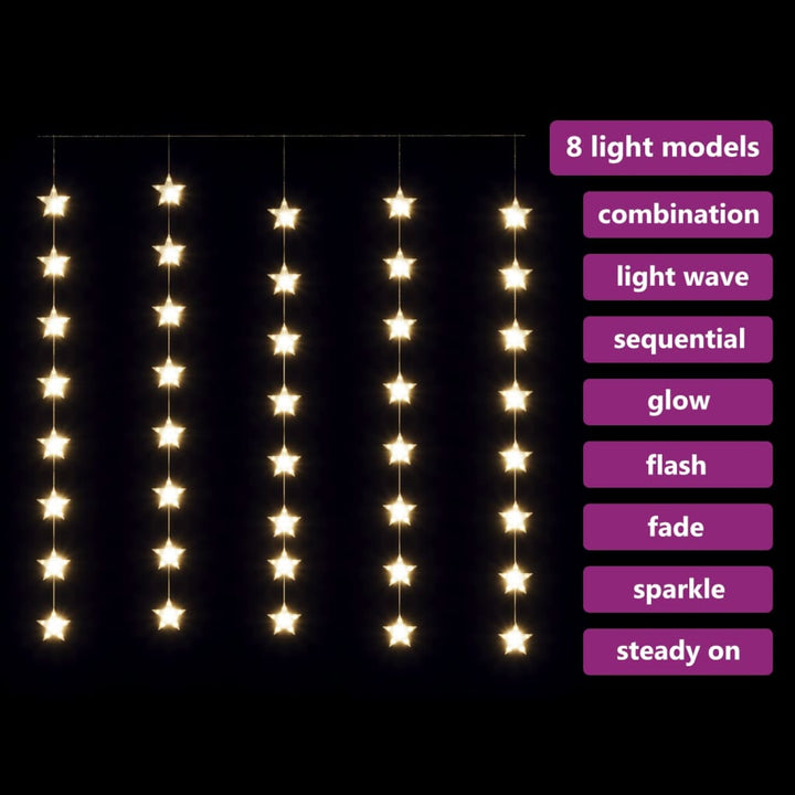 Lichtsnoergordijn sterren met 200 LED's en 8 functies warmwit