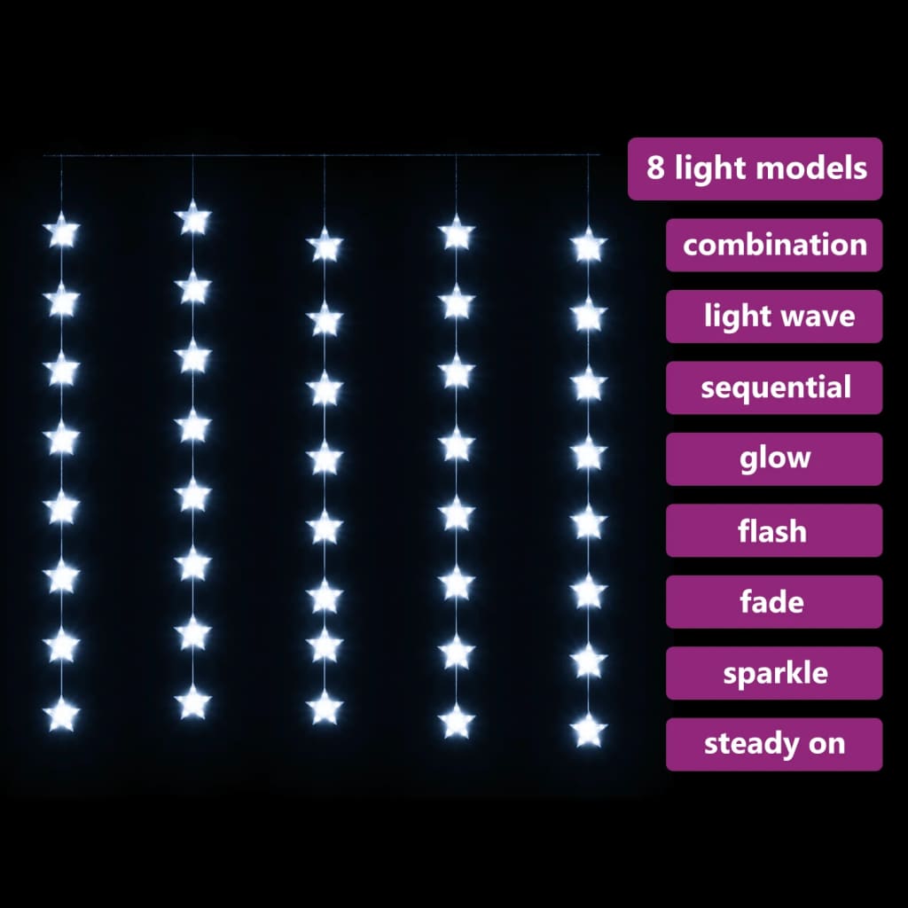 Lichtsnoergordijn sterren met 200 LED's en 8 functies koudwit