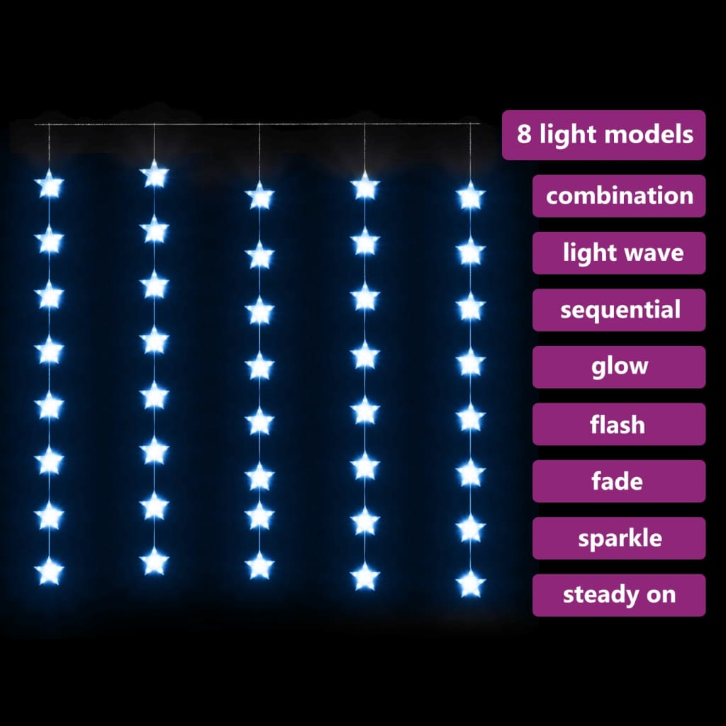 Lichtsnoergordijn sterren met 200 LED's en 8 functies blauw