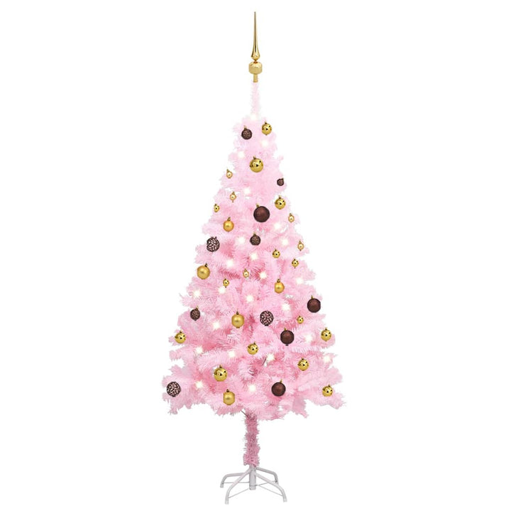 Kunstkerstboom met LED's en kerstballen 150 cm PVC roze