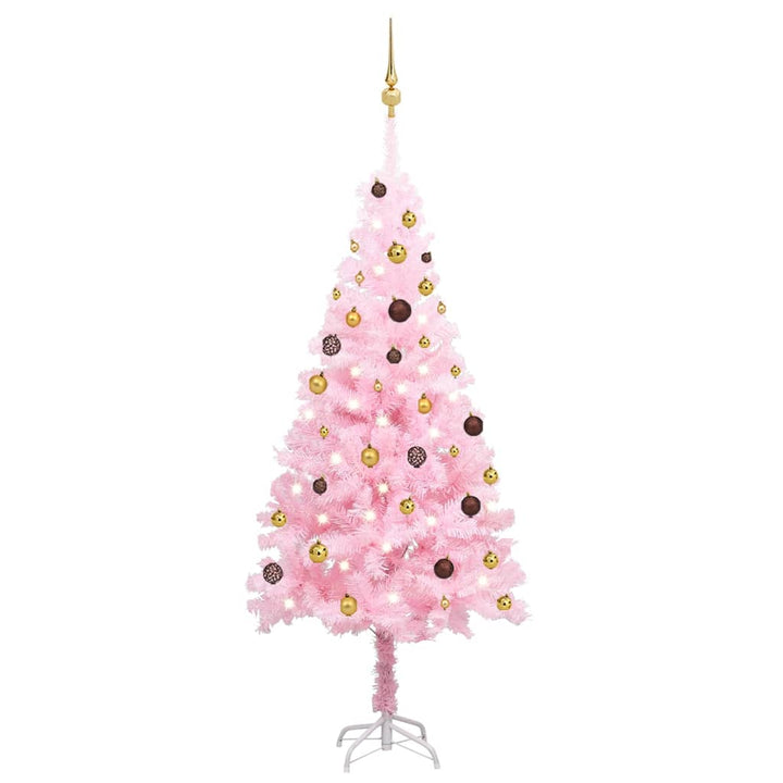 Kunstkerstboom met LED's en kerstballen 180 cm PVC roze