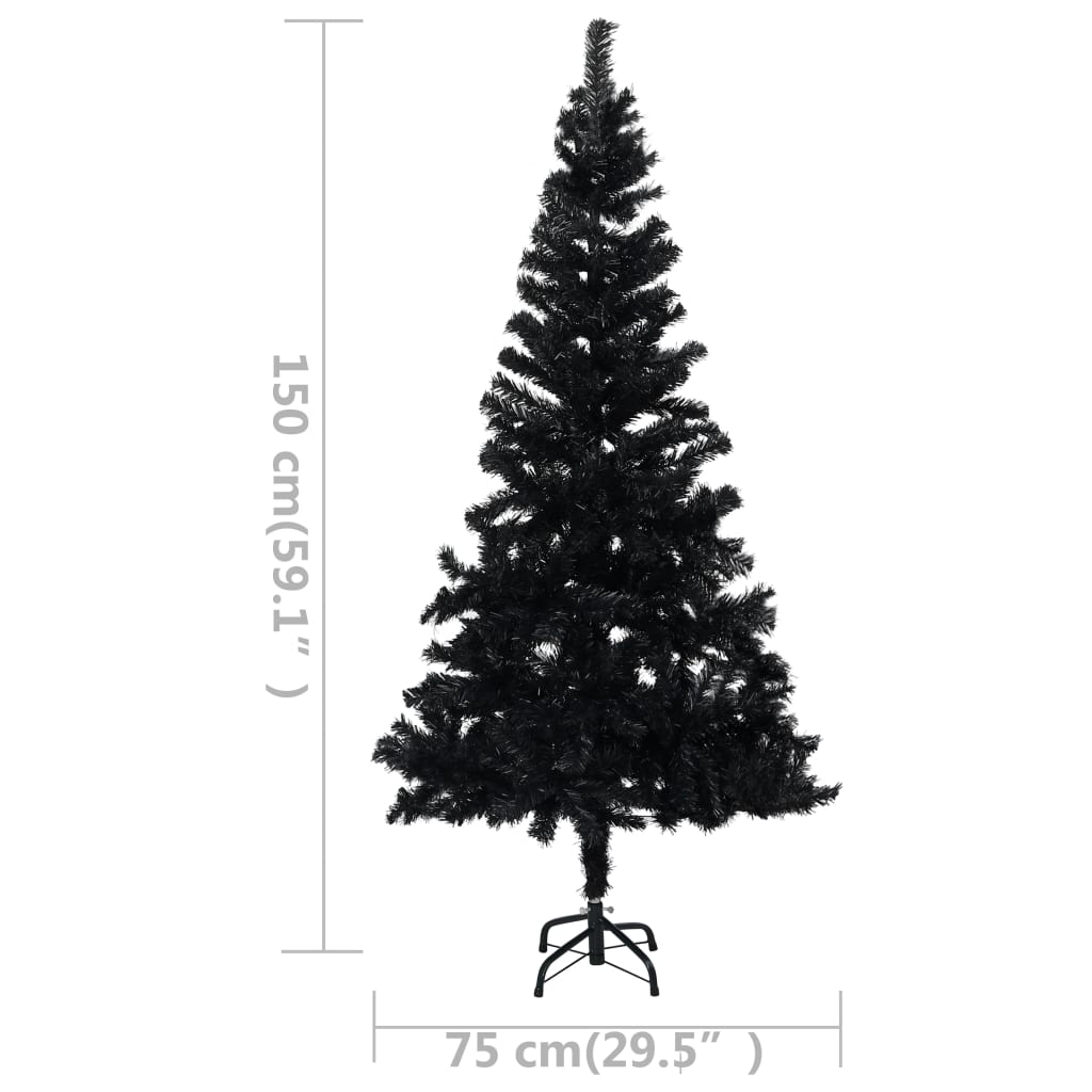 Kunstkerstboom met LED's en kerstballen 150 cm PVC zwart